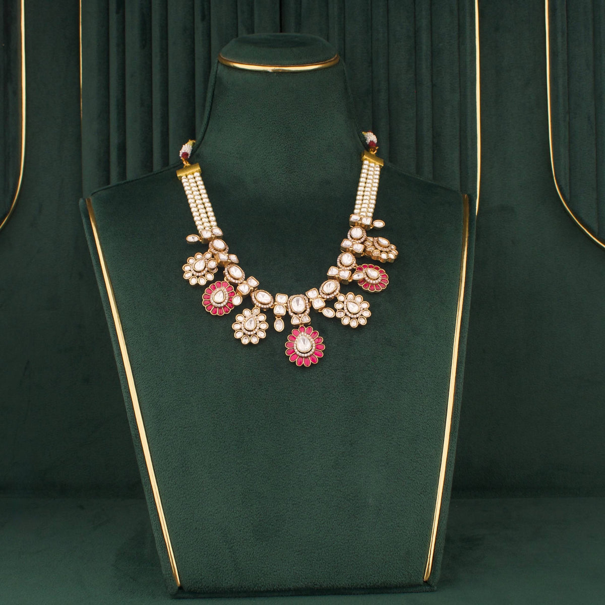 Victorian Polki Necklace Set With Floral Motifs And Matching Earrings
