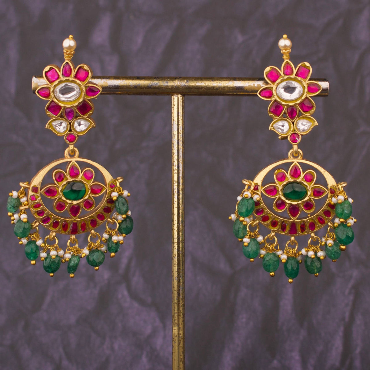 Floral Studded Jadau Kundan Bridal Chandbali Earrings