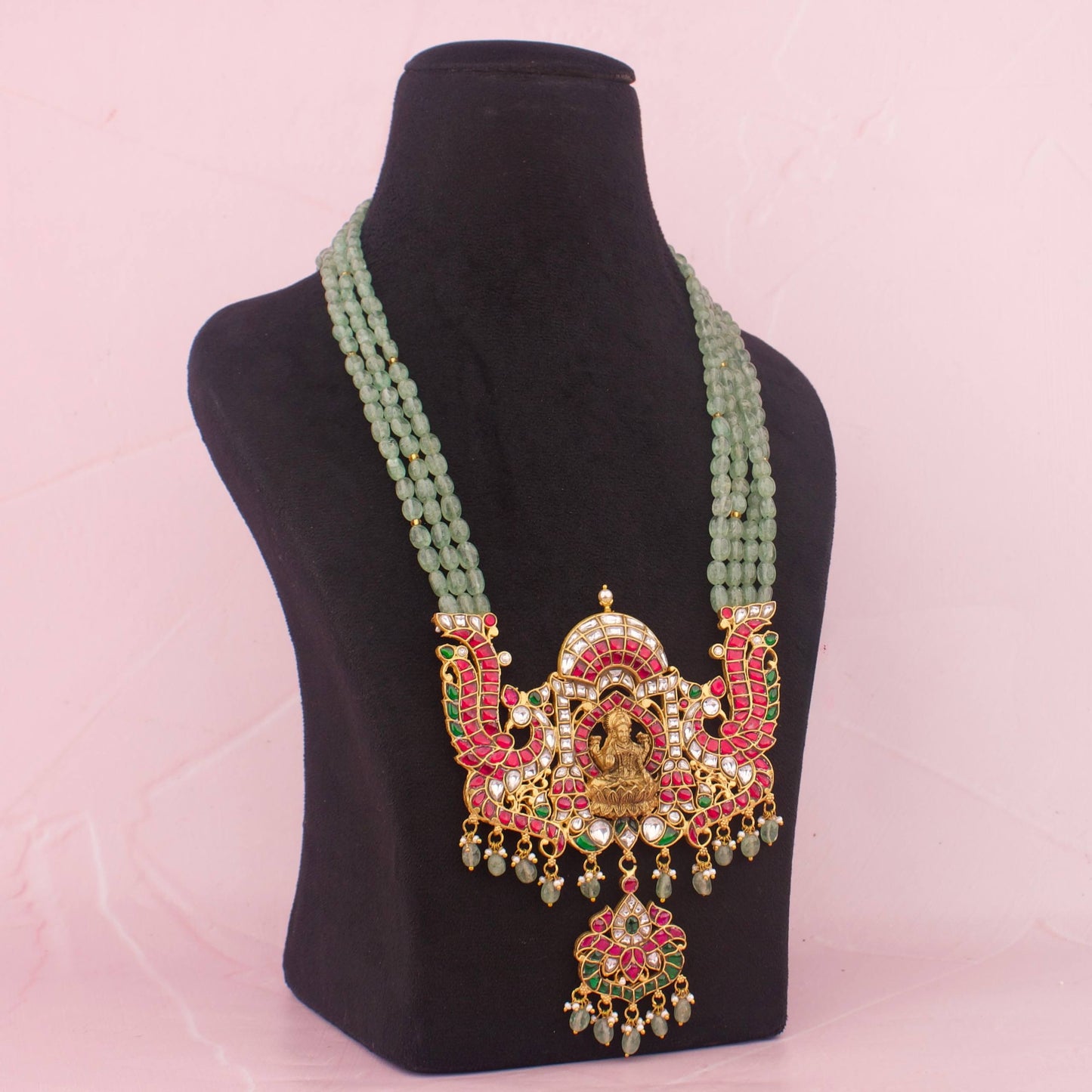 Close-Up Detail View of Divine Lakshmi Devi Jadau Kundan Bridal Beads Haram | Dulhan Jewels