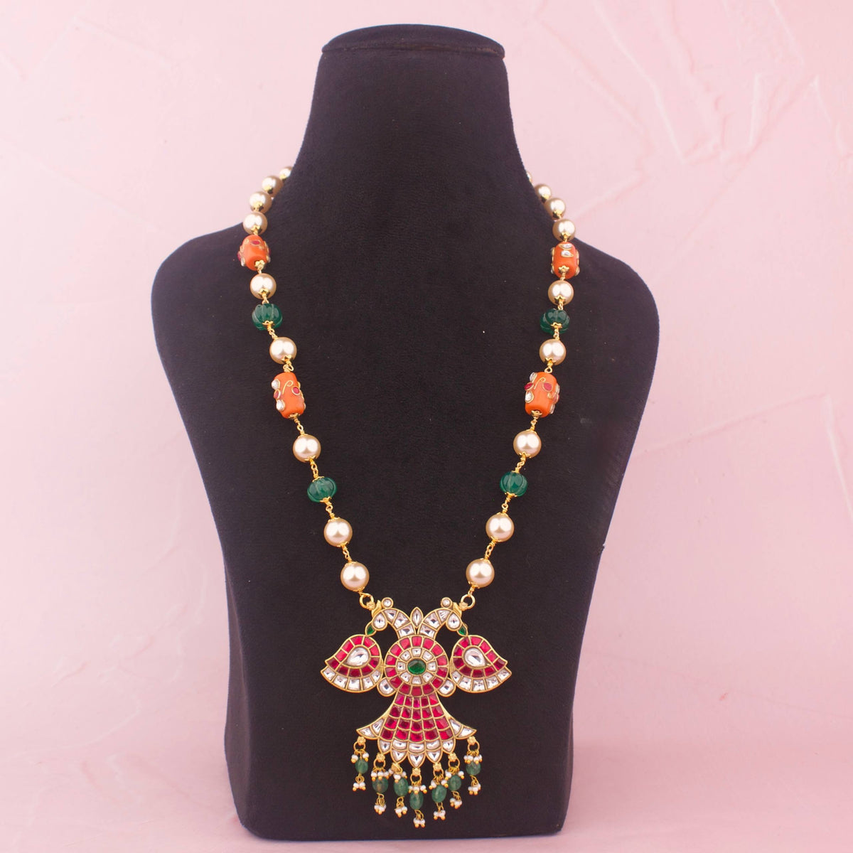 Reversible Jadau Kundan Beads Mala With Emerald Hangings