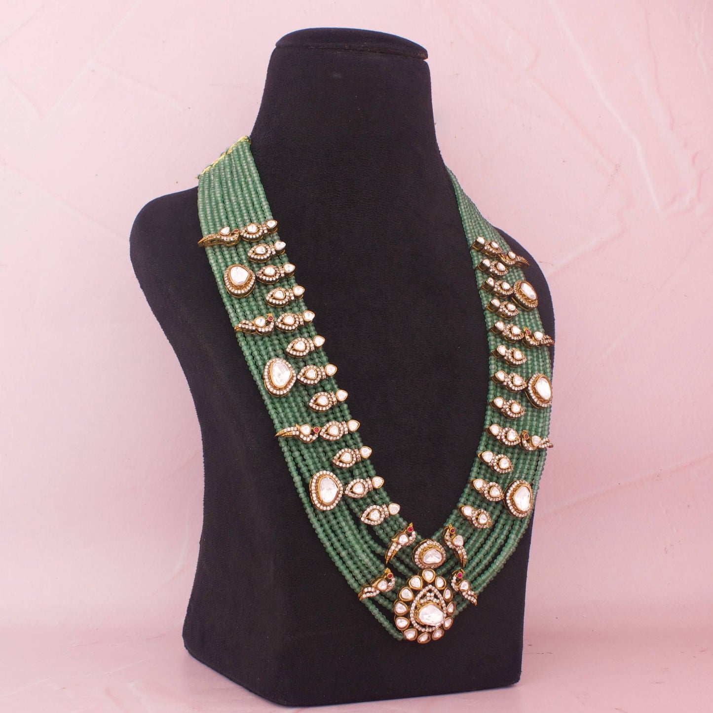 Grand Bridal Green Polki Bead Necklace Set with Earrings