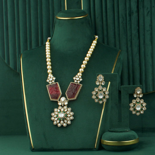 Handcrafted detail view of Victorian Finish Polki Pearl Necklace With Earrings jewelry piece