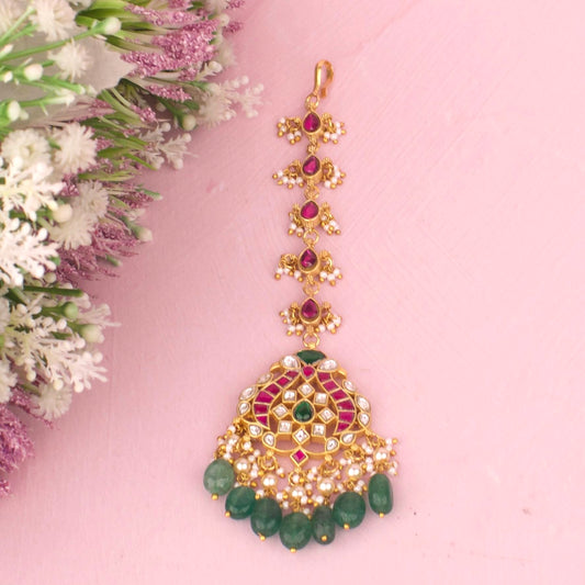 Designer Jadau Kundan Maang Tikka With Pearl Clusters