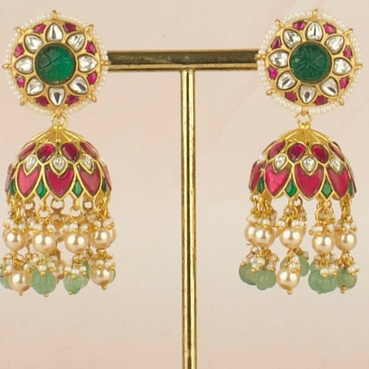 Bridal Floral Design Jadau Kundan Jhumki with Pearl and Beads Hanging