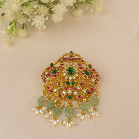 Gold  Inspired Jadau Kundan Pendant With Bead & Pearl Hanging