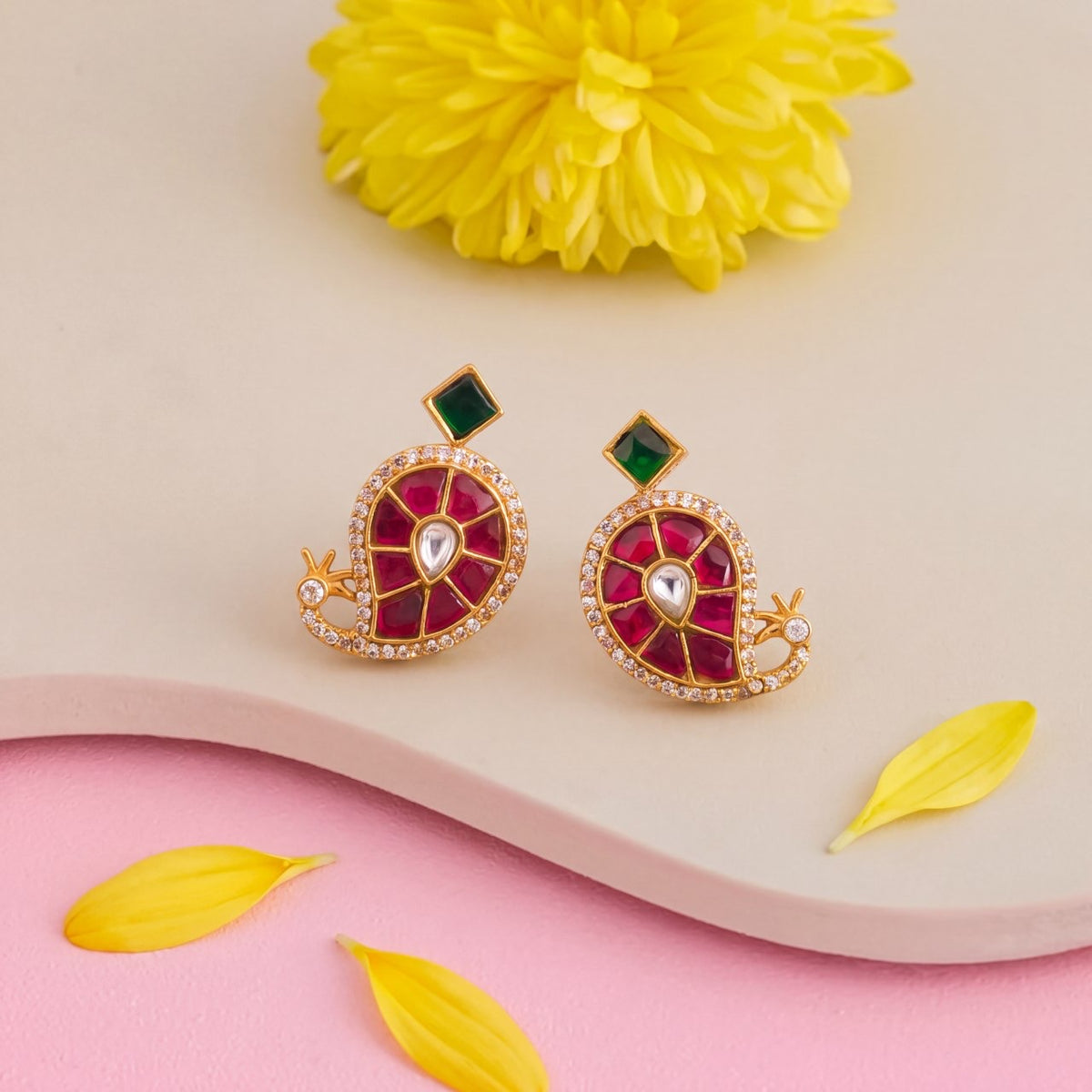 Mango Design Jadau Kundan Stud Earrings - Handcrafted Indian Bridal Jewelry by Dulhan Jewels