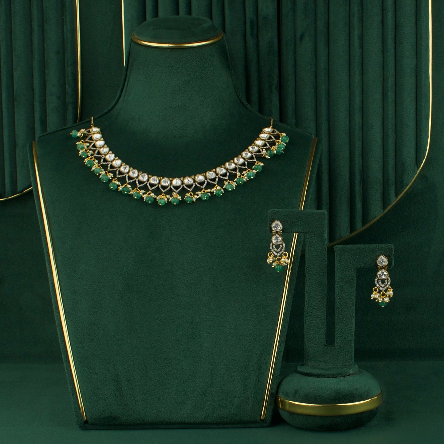 Victorian Polki Necklace Set with Emerald Pumpkin Beads