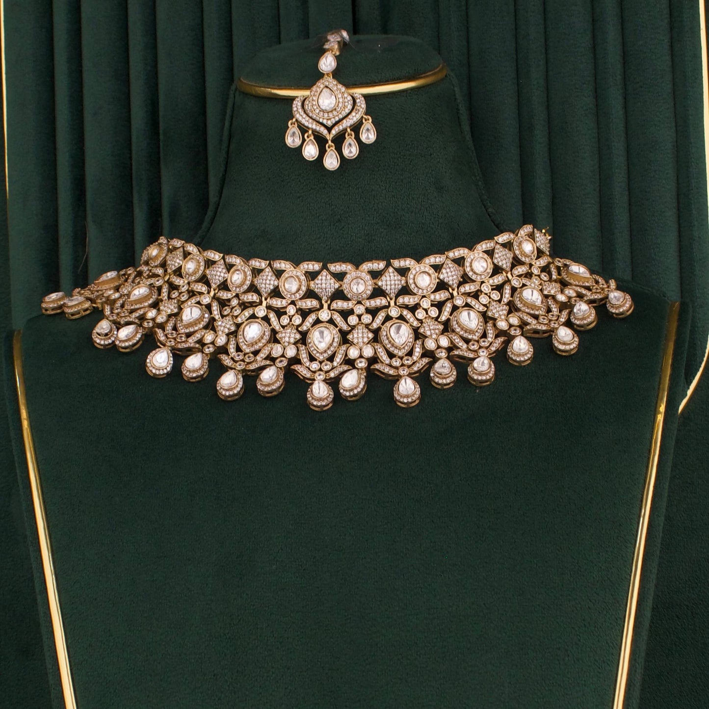 Bridal Victorian Polki Choker Set With Earrings And  Maangtika