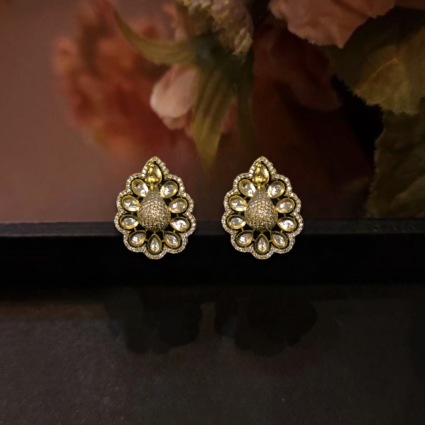 3D Popping Peacock design Victorian Polki Studs with zircons.