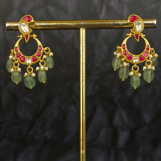 Small Sized Peacock  Studded Jadau Kundan Chandbali Earrings
