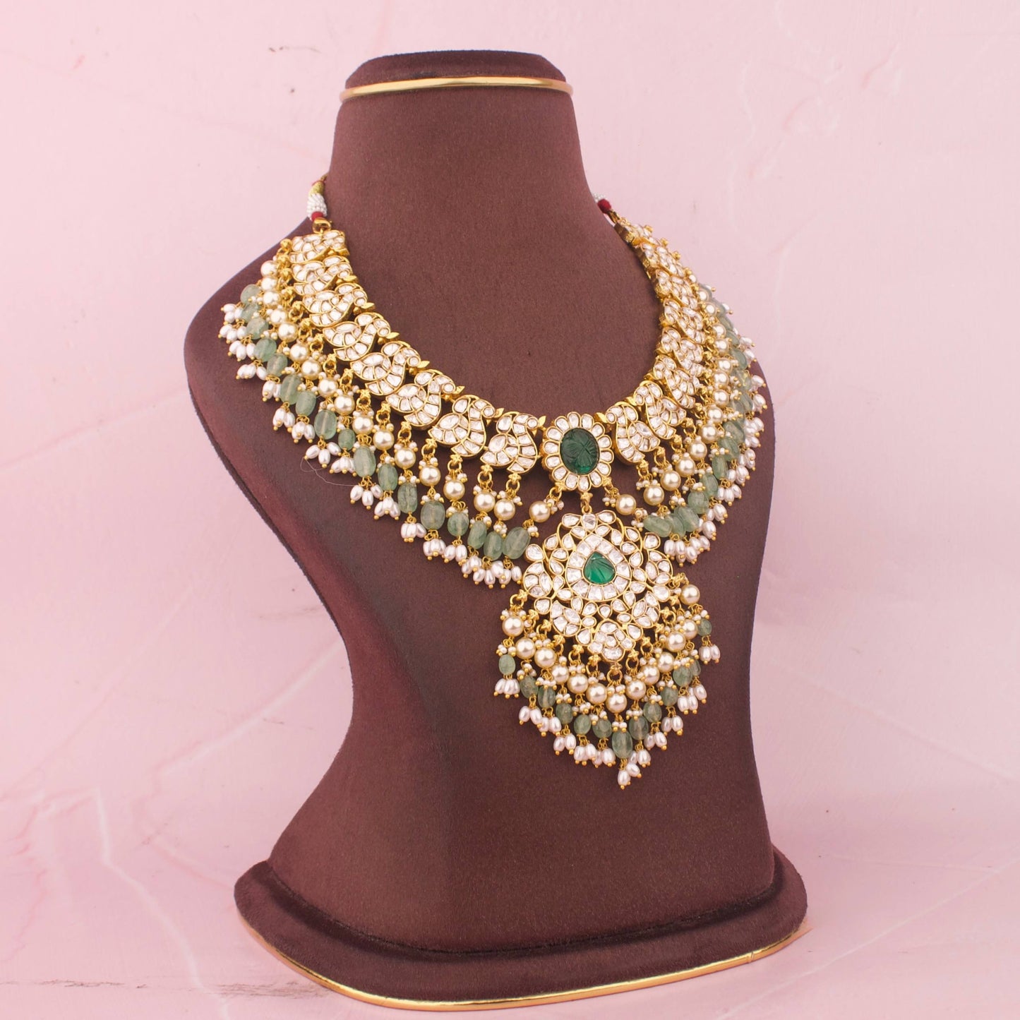 Elegant Polki Necklace Set With Rice Pearl Hangings