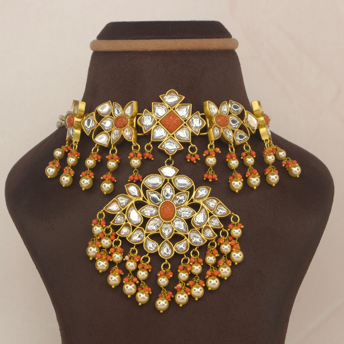 Majestic White and Coral Jadau Kundan Choker Necklace