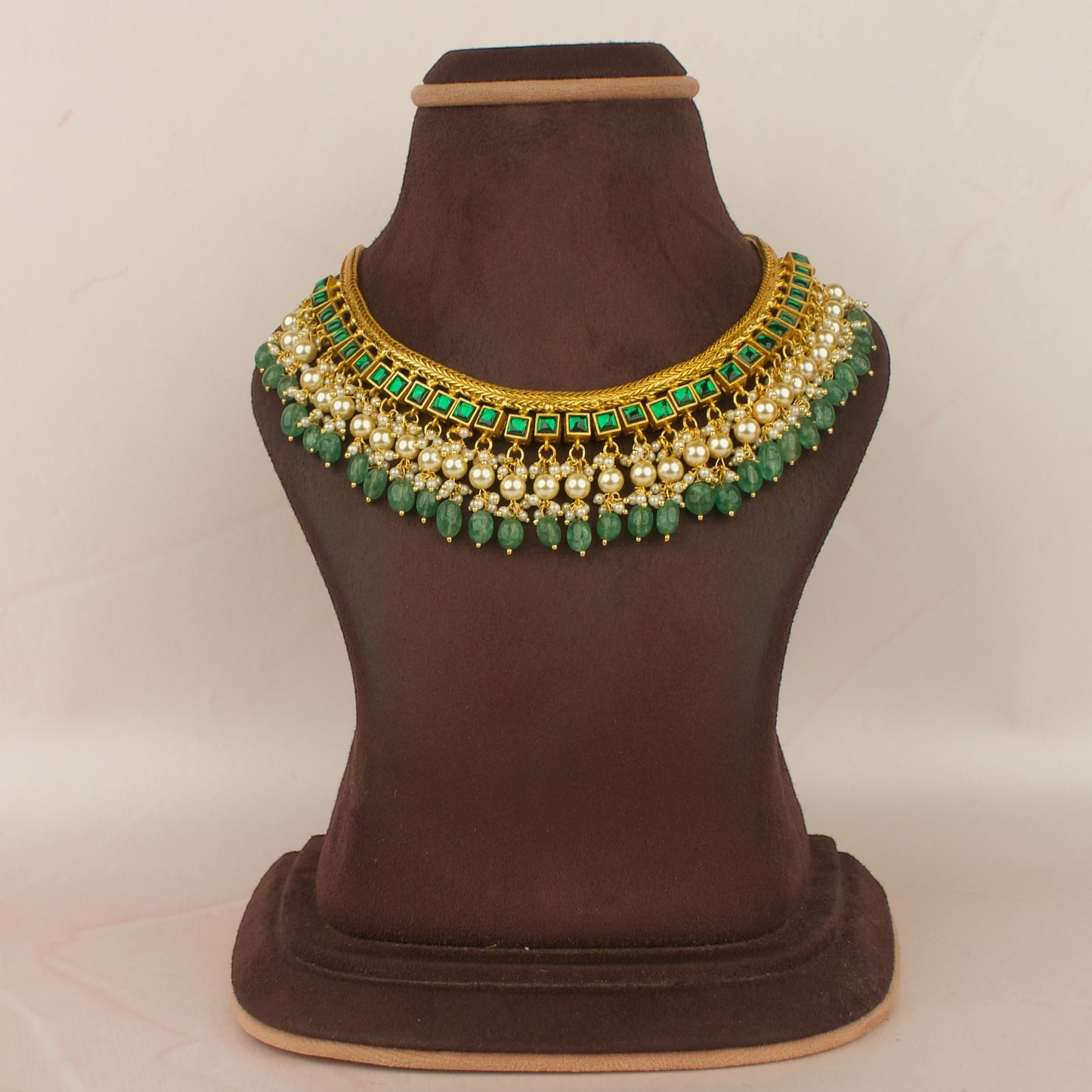 Elegant Jadau Kundan Sleek Necklace With Pearl & Bead Drop