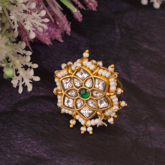 Fine Jadau Kundan Floral Design Pearl Bordered Finger Ring