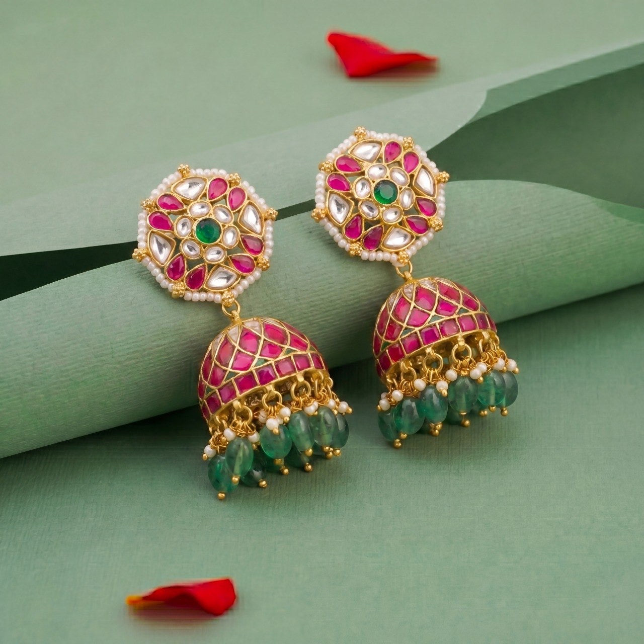 Radiant Jadau kundan Jhumki Earrings With Pearl Bordering