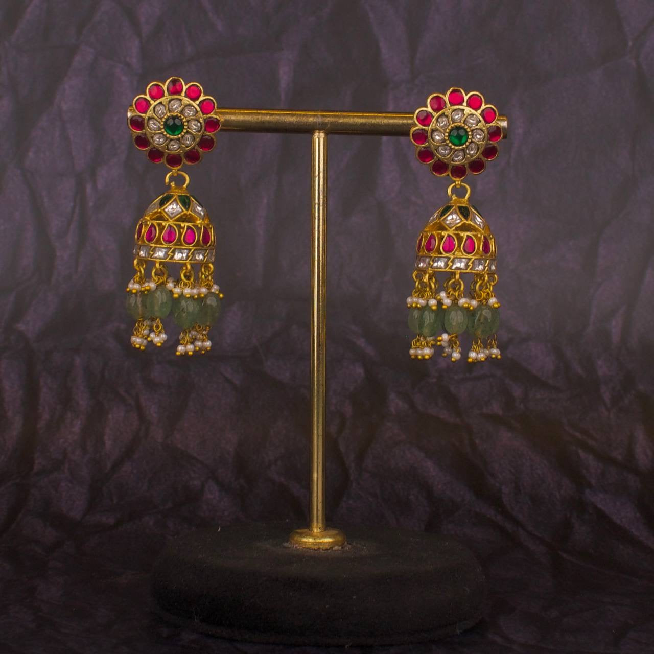 Gold Inspired Floral Studded Jadau Kundan Jhumki Earrings