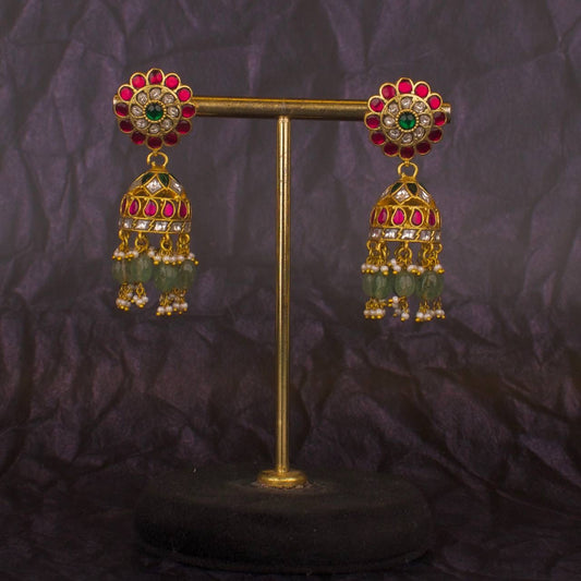 Gold Inspired Floral Studded Jadau Kundan Jhumki Earrings