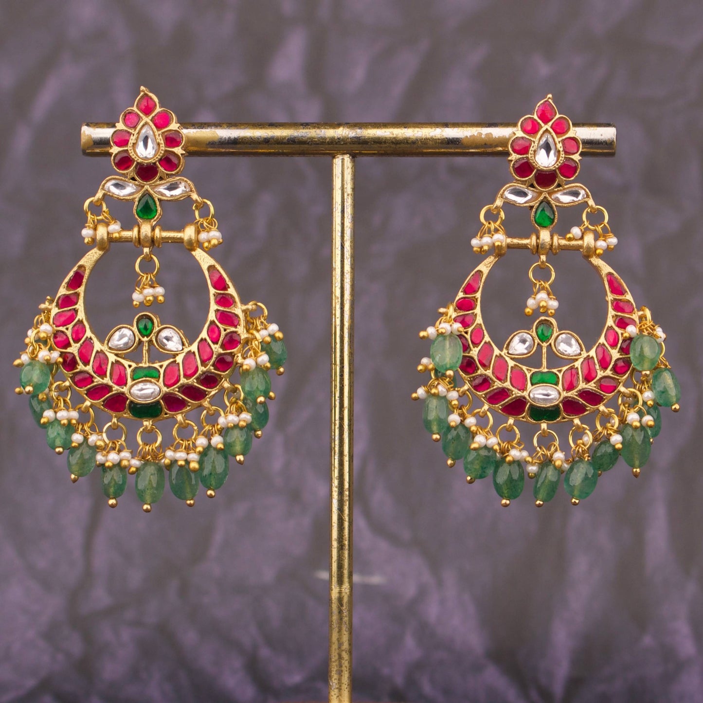 Designer Jadau Kundan Chandbali Earrings With Emerald Beads