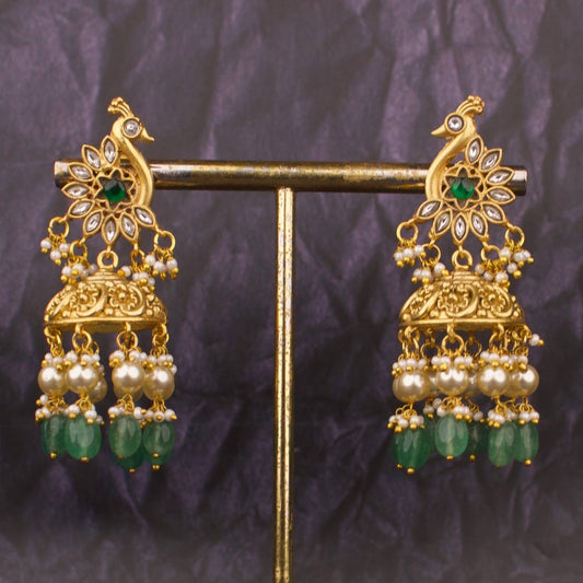 Peacock Studded Jadau Kundan Nakshi Jhumka Earrings