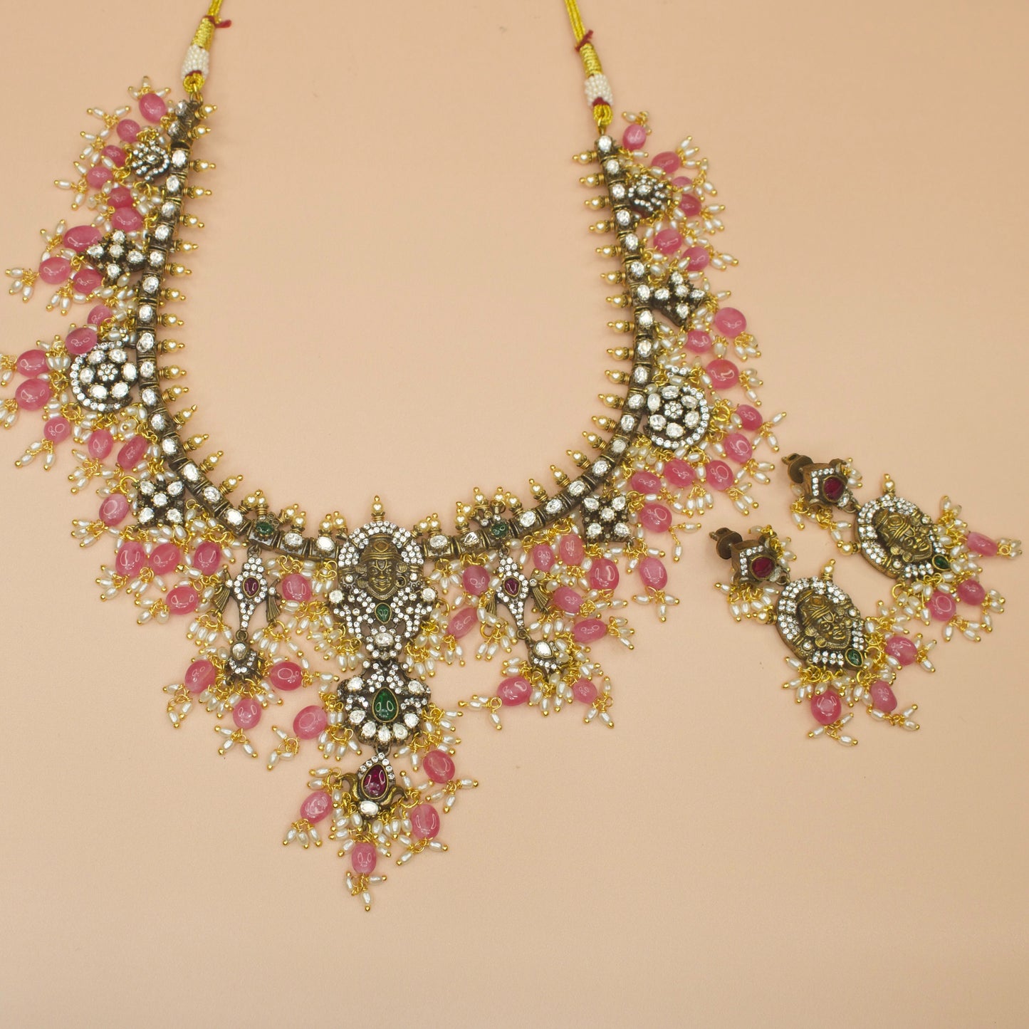 Divine Victorian Necklace Set with zircon, polki, pearls, and beads, including matching earrings. This Victorian Jewellery is available in Pink, Green, and purple  Colour Variants 