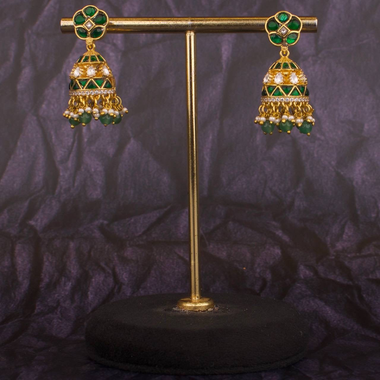 Floral Studded Jadau Kundan Sleek Jhumki Earrings