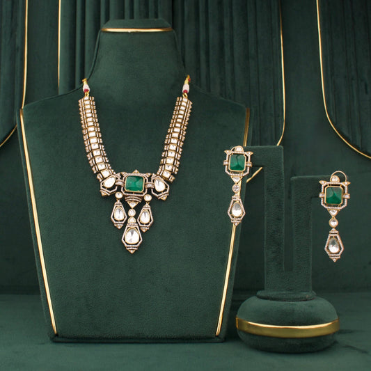 Antique Finish Victorian Polki Necklace Set With Green Stone Pendant And Drop Earrings