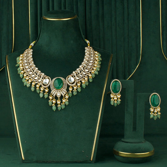 Classic Emerald Stone Polki Necklave Set