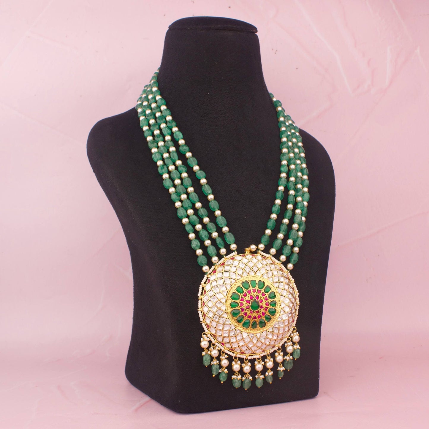 Bridal Multi Layer Green Bead Necklace with Large Kundan Polki Pendant