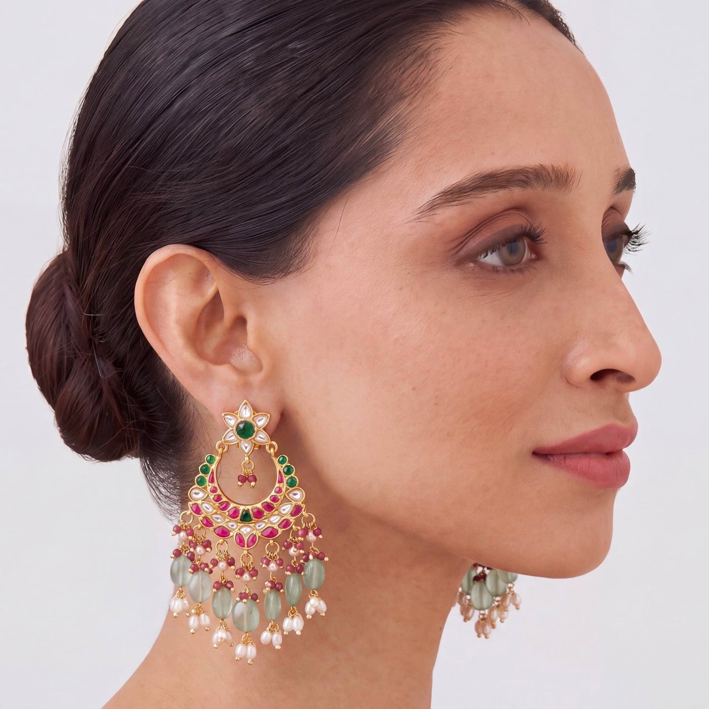 Dazzling Floral Design Jadau Kundan Chand Bali with Guttapusalu Hanging