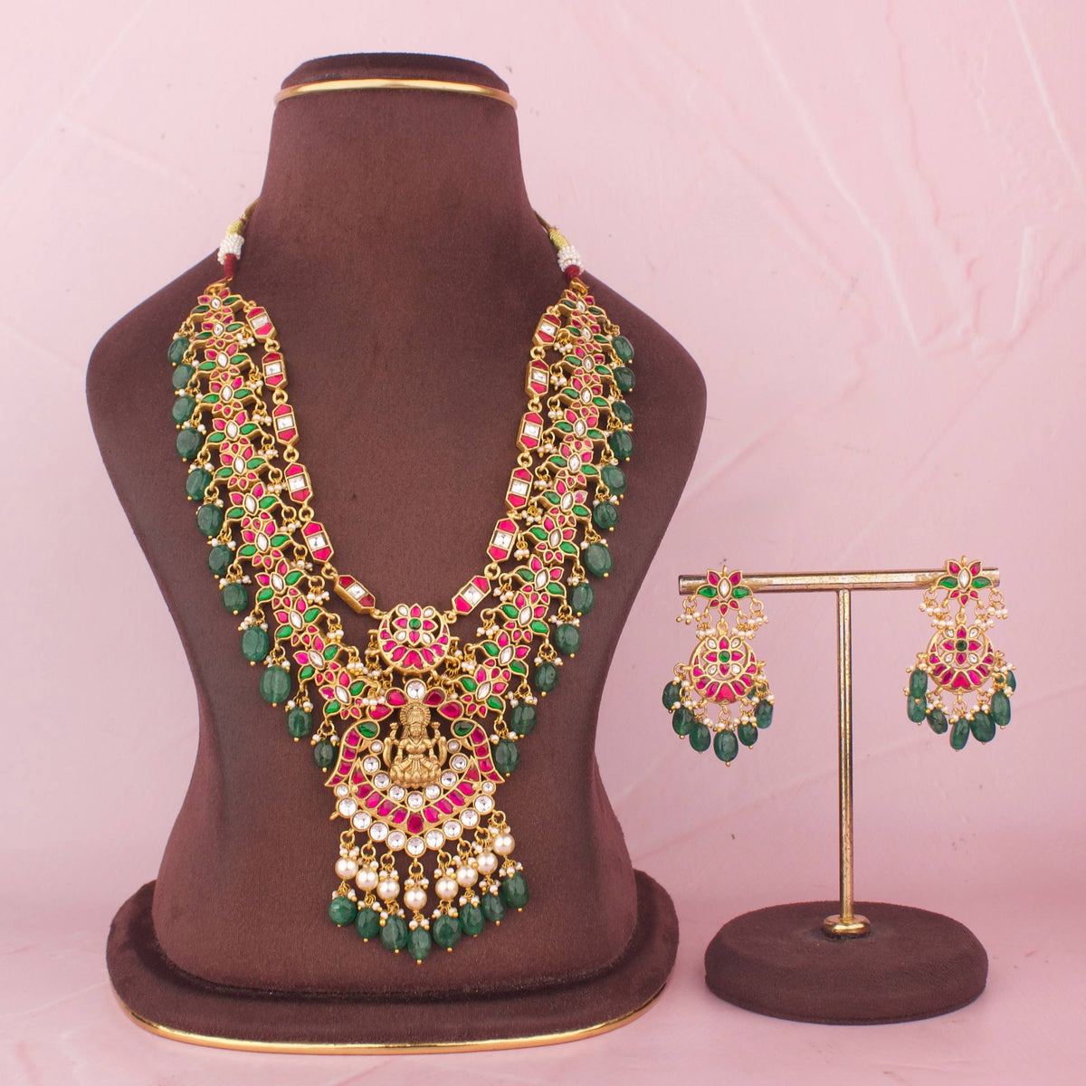 Premium Jadau Kundan Long Necklace Set With Goddess Lakshmi Pendant