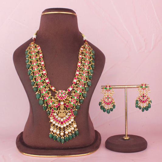 Premium Jadau Kundan Long Necklace Set With Goddess Lakshmi Pendant