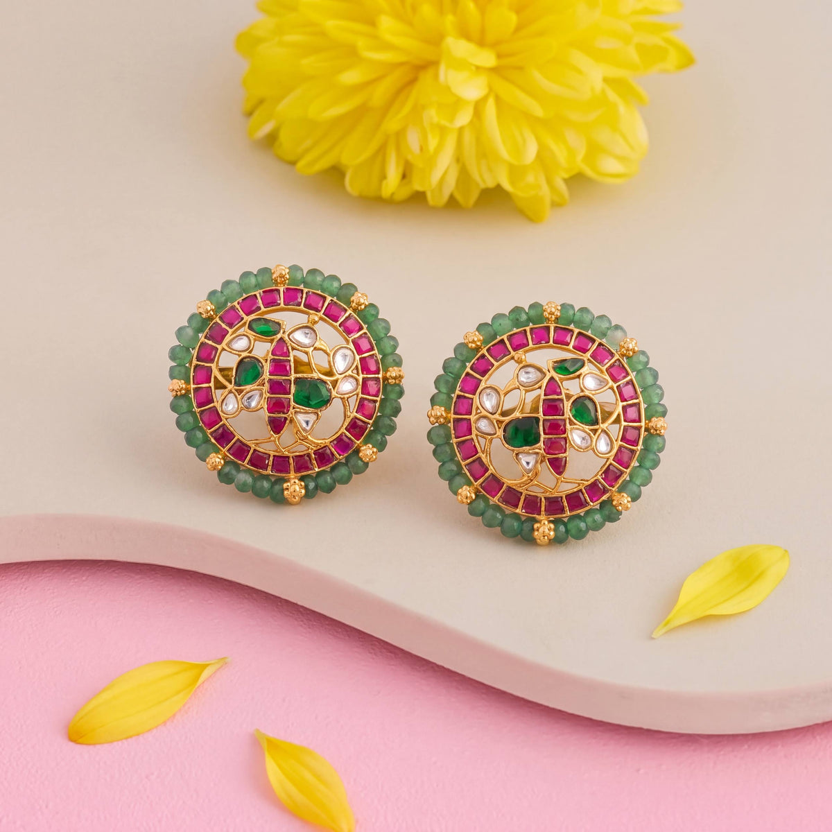 Heritage Jadau Kundan Stud Earrings With Mandala Design And Emerald Green Bead Border