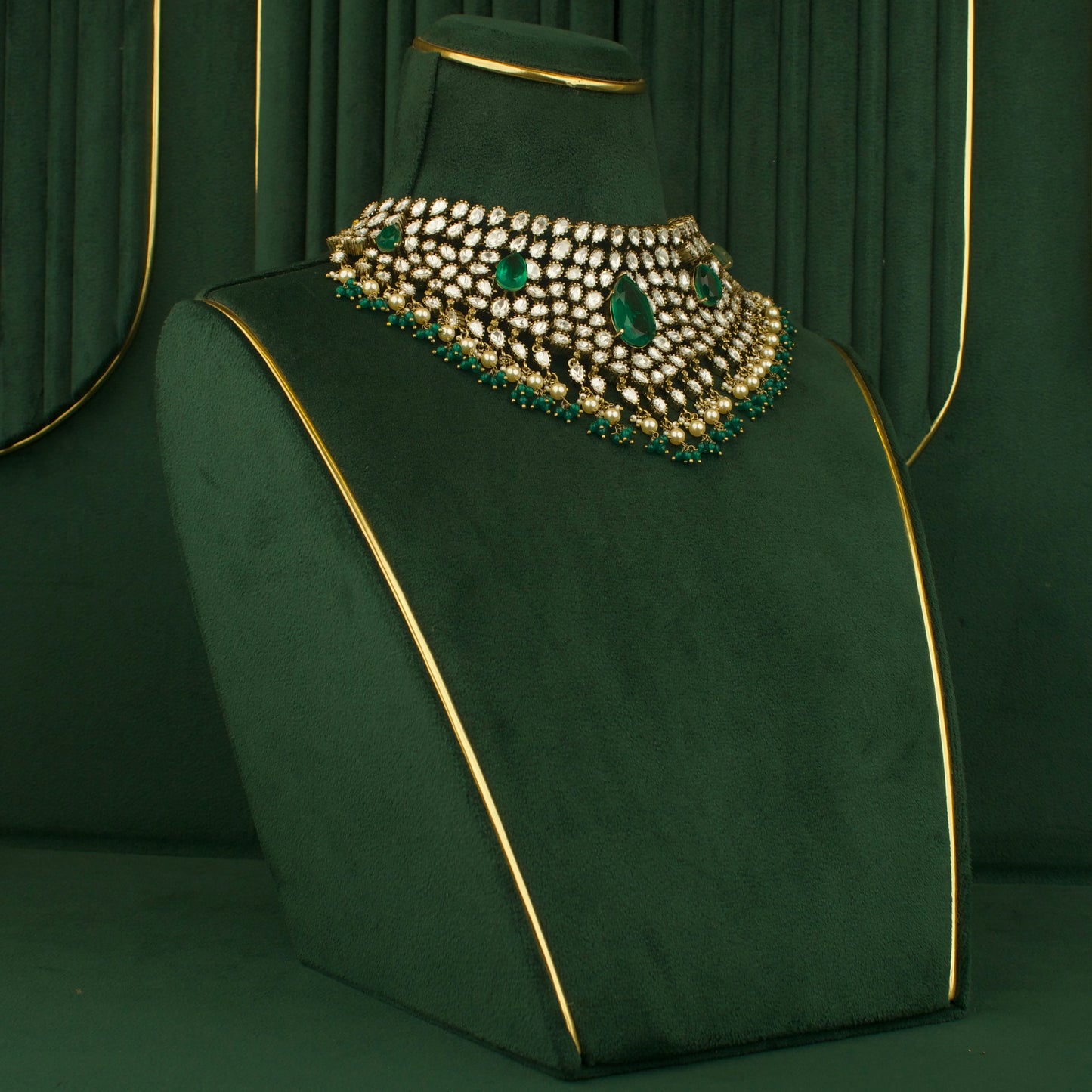 Bridal Victorian moissanite choker with emerald teardrop drops