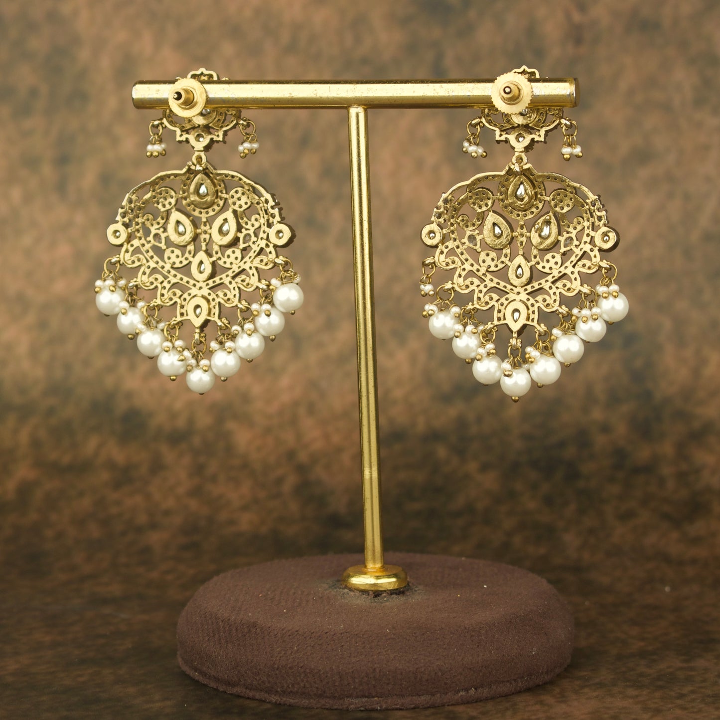 Opulent Victorian Polki Chandbali Earrings with Lustrous Pearls