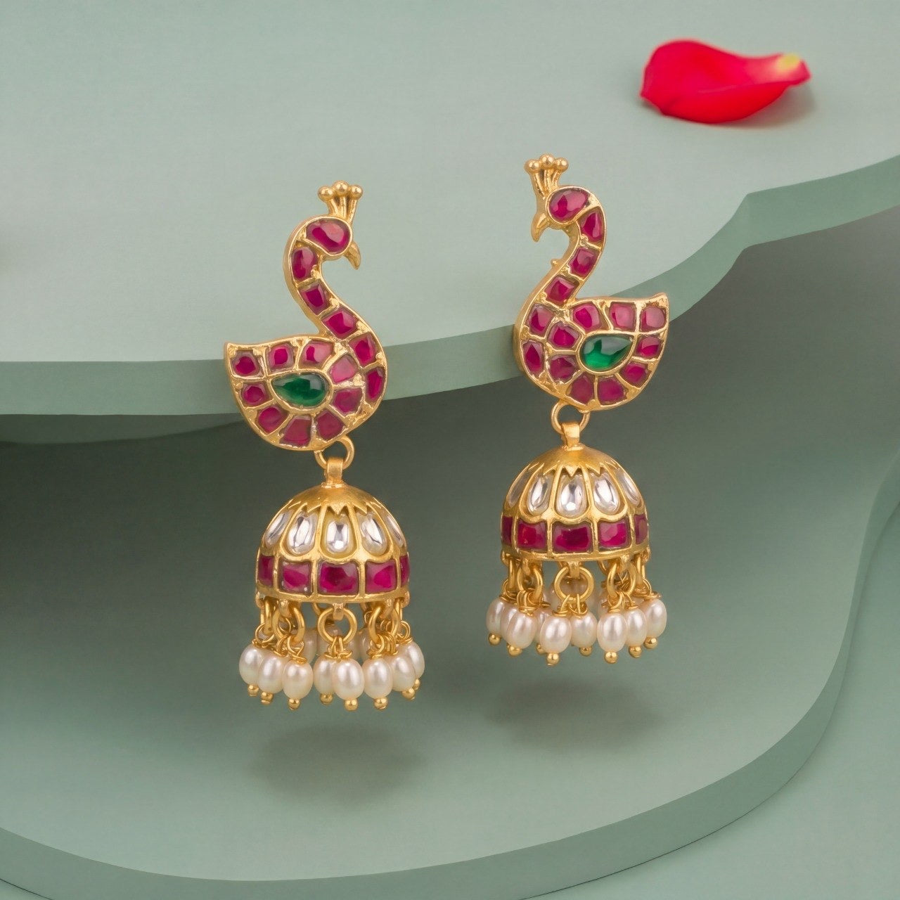 Unique Peacock Studded Jadau Kundan Jhuki With Guttapusalu Hangings