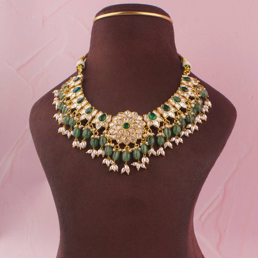 Lotus Design Moissanite Polki Necklace With Guttapusalu Hangings