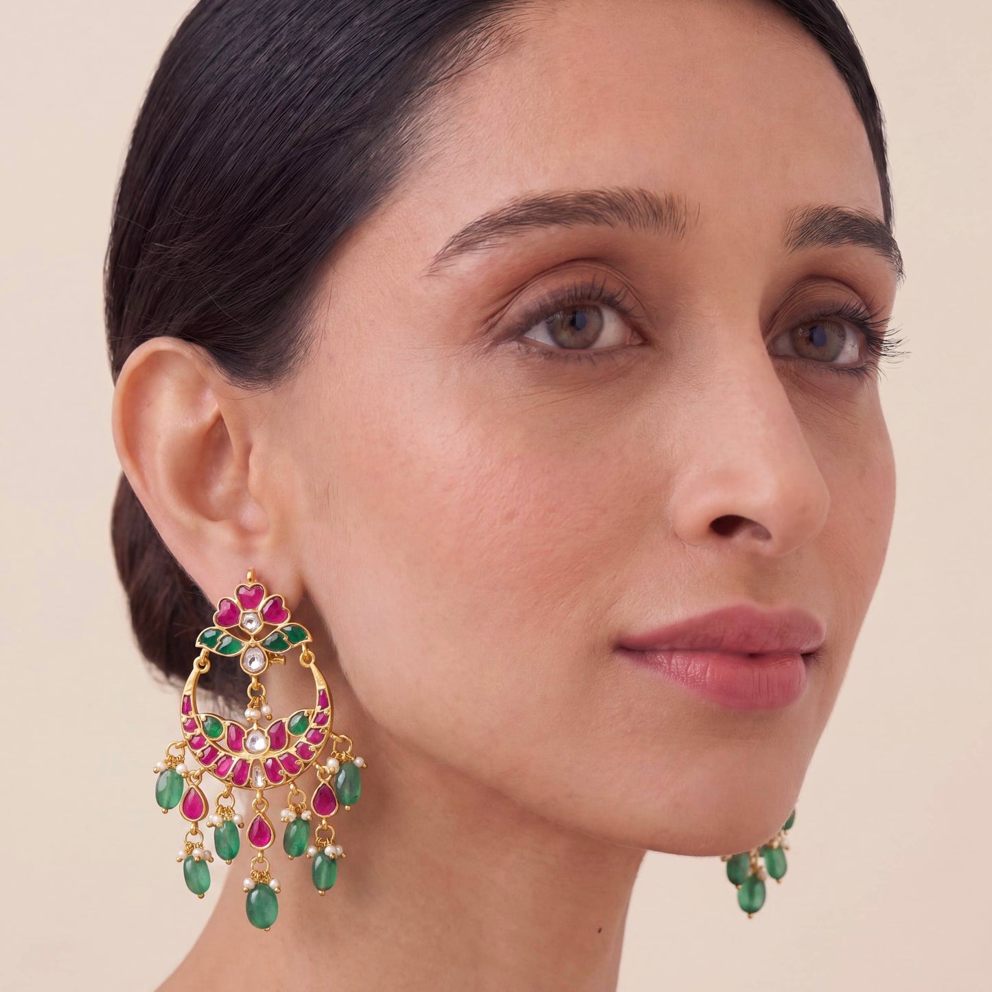 Regal Jadau Kundan Chandbali Earrings With Emerald Hangings