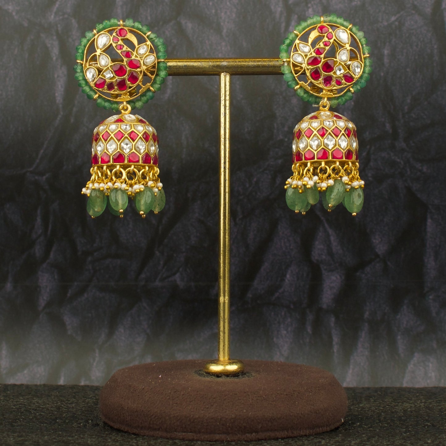 Sparkling Peacock Design Jadau Kundan Jhumka With Beads Hangings