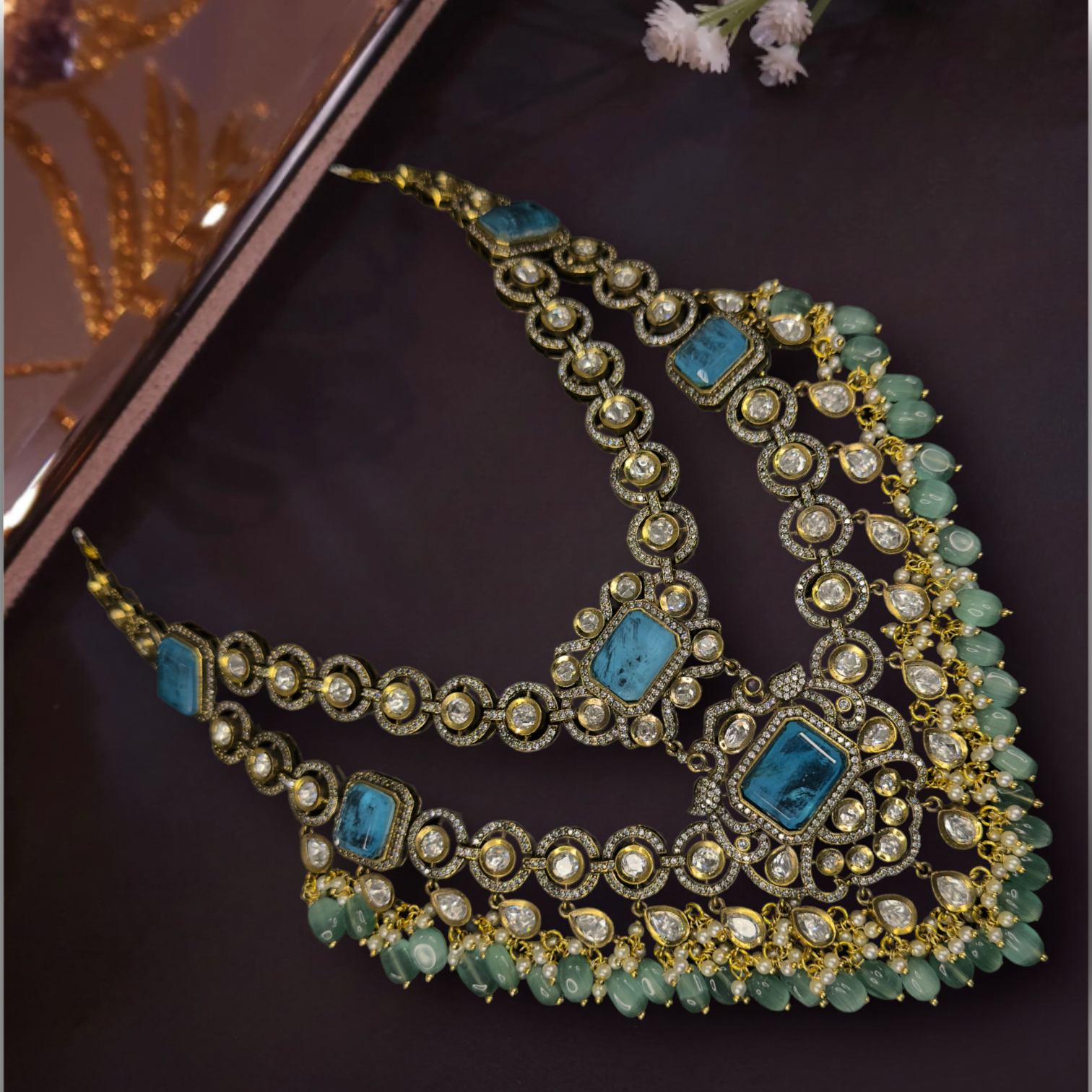 Two-Step Victorian Necklace Set with Aqua Blue Square-Cut Stones, zircon, moissanite polki stones, pearls, and beads, including matching earrings. This Victorian Jewellery is available in a Aqua-blue colour variant. 