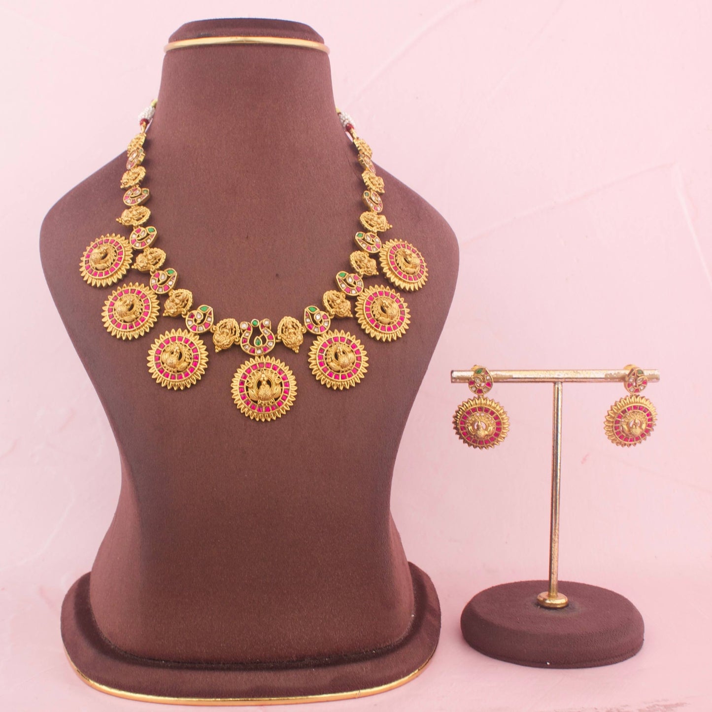Antique Gold Temple Necklace Set With Matching Earrings