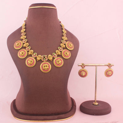 Antique Gold Temple Necklace Set With Matching Earrings