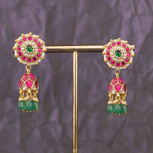 Floral Studded Jadau kundan Jhumki Earrings With Green Beads