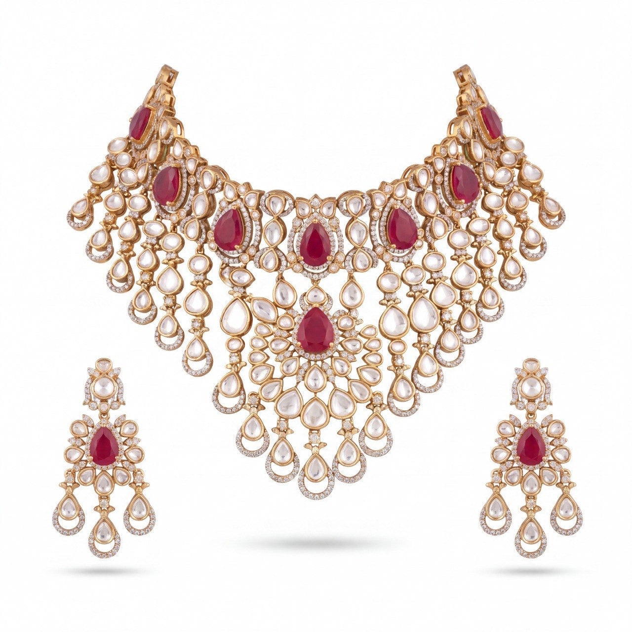 Victorian Polki Necklace Set with Layered Drops