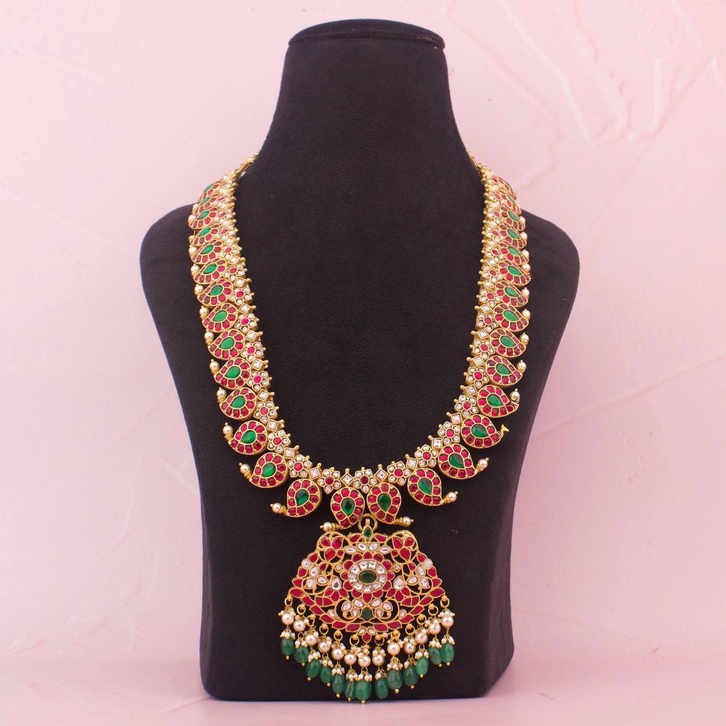 Royal Mango Shape Jadau Kundan Long Necklace With Floral Pendant