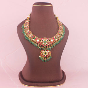 Classic Floral Jadau Kundan Necklace With Emerald Beads