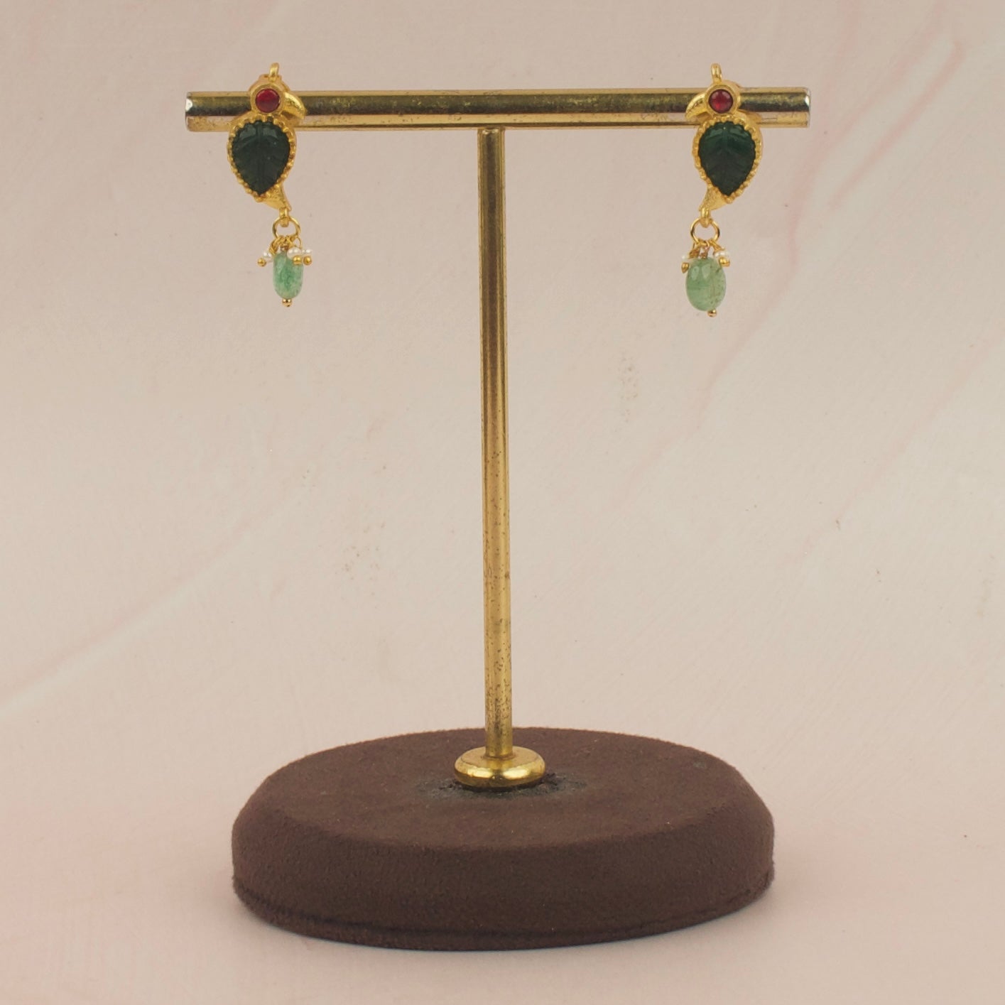 Leaf-Motif Jadau Kundan Earrings with Green Stone Drop