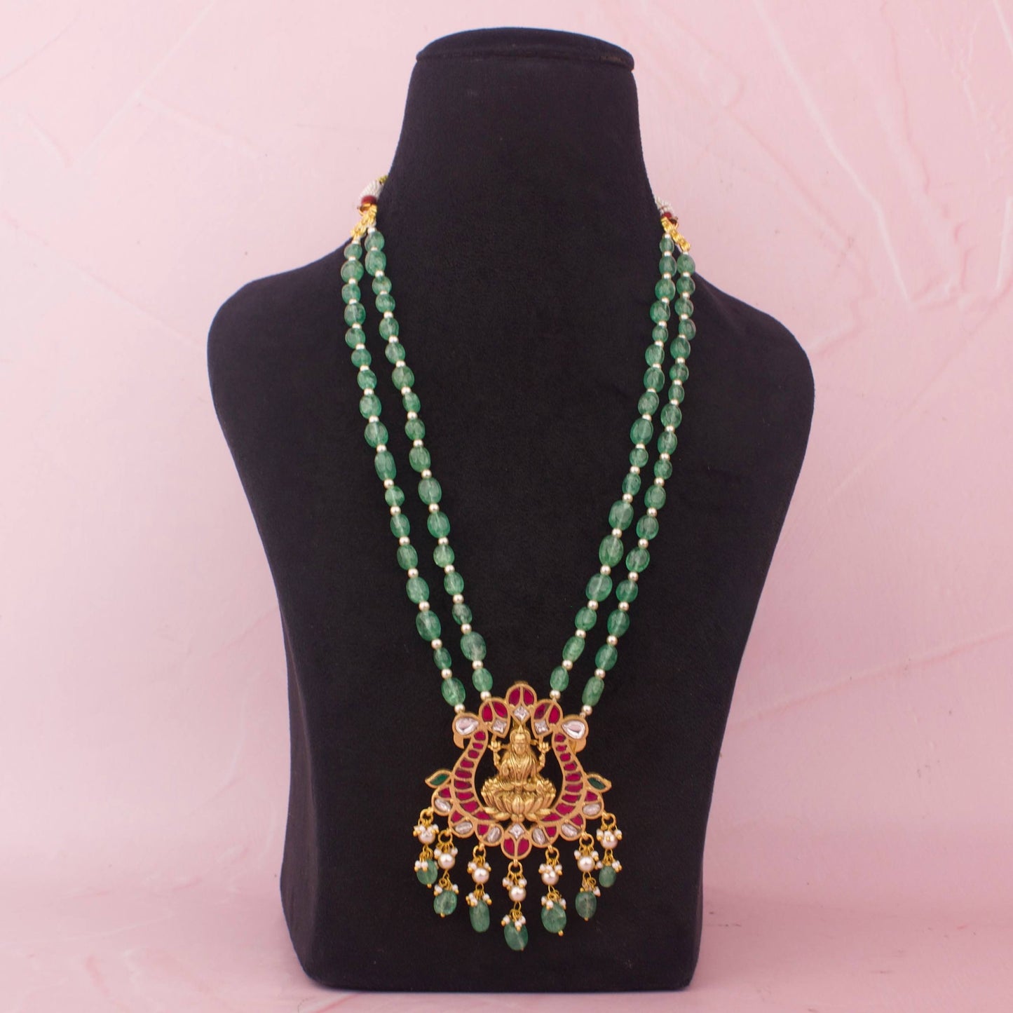 Laxmi Devi Jadau Kundan Beads Mala With Green Drops