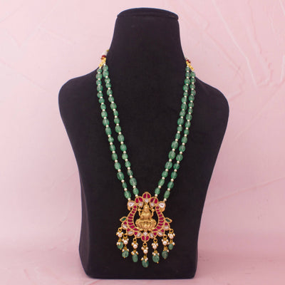 Laxmi Devi Jadau Kundan Beads Mala With Green Drops