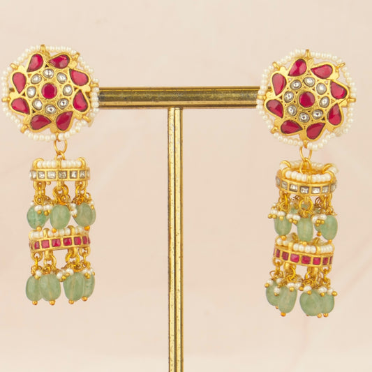 Pearl-Accented Jadau Kundan Jhumkas with Emerald Beads