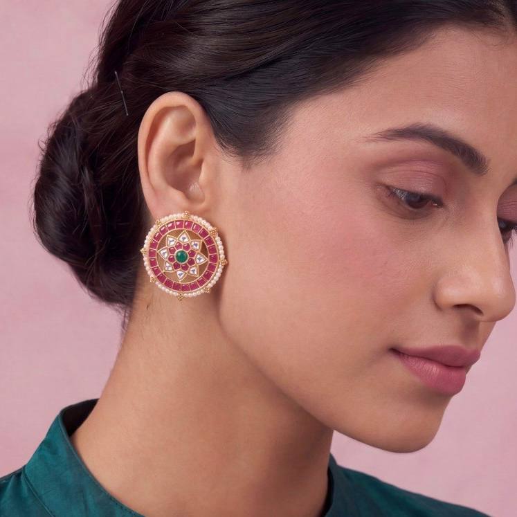 Floral Design Jadau Kundan Stud Earrings With Pearl Bordering